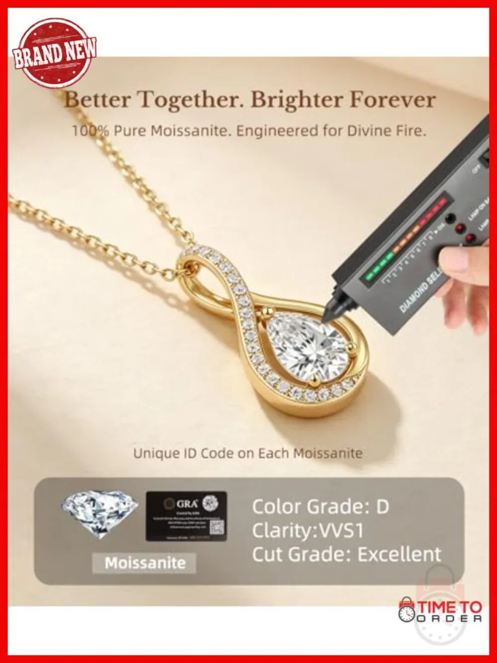 2CT Moissanite Infinity Necklace in Gift Box, 18K Gold Plated S925 Sterling